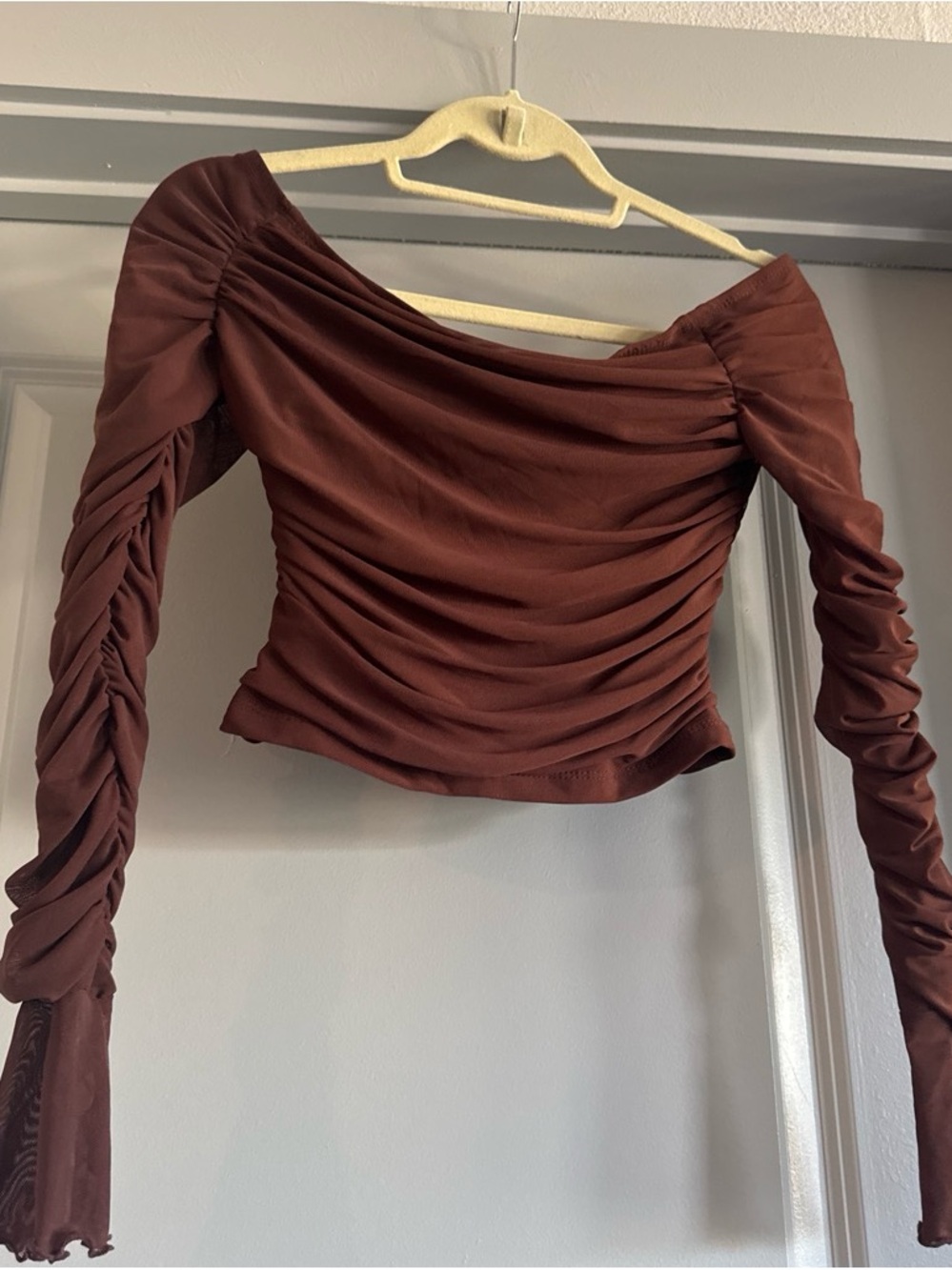 SHEIN Brown Ruched Off-Shoulder Long Sleeve Crop Top